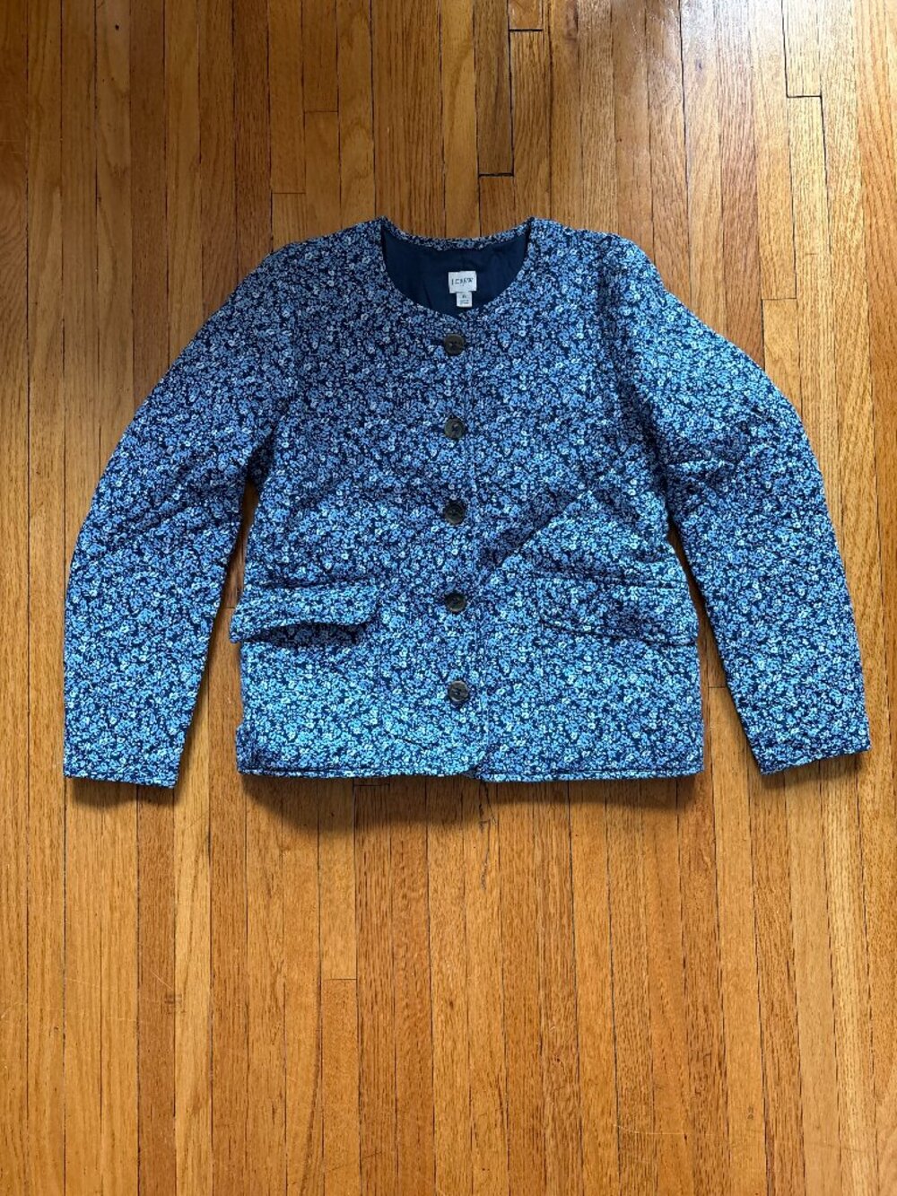 J. Crew Blue Floral Print Quilted Button Front Jacket, size 8